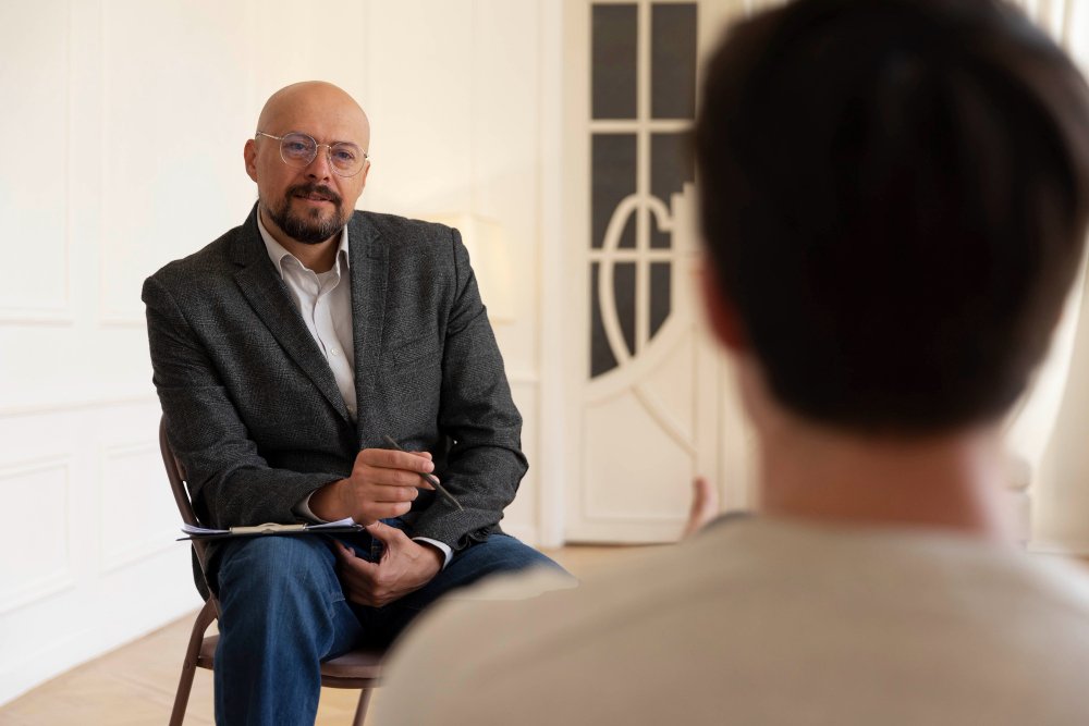 An adult seated in a mustard-yellow armchair during a one-on-one therapy session with a counselor.